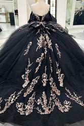 Ball Gown Off Shoulder Sleeveless Pleated Beaded Gold Appliques Bow Knot Lace Up Balck Tulle Quinceanera Dress Birthday Party Dress For Sweet 16